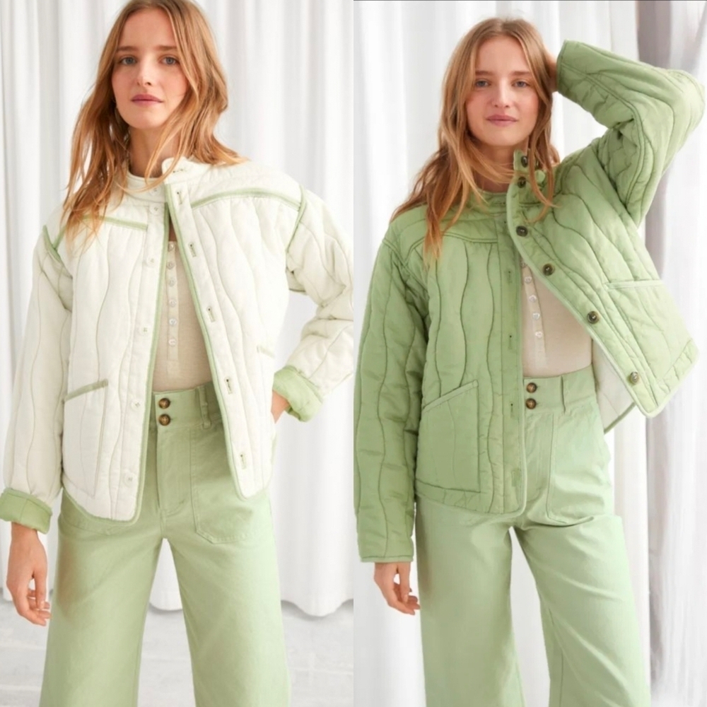 & Other Stories Reversible Lyocell Linen Quilted Jacket Size 6 Green